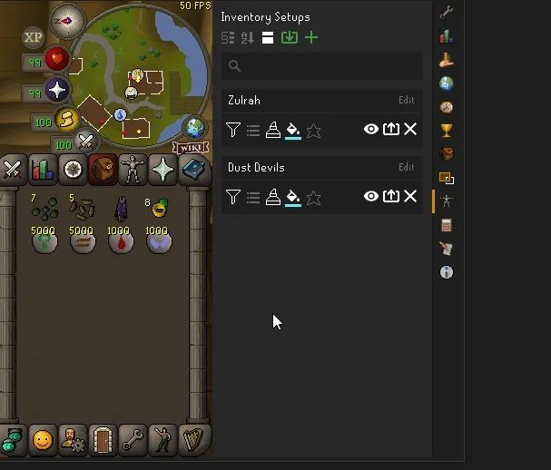 RuneLite with the Inventory Setups panel open: the green + opens a menu with Add new setup.. and Add new section.., then a box called Add New Setup asks for the setup's name.